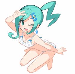 Rule 34 | 10s, 1girl, ;d, aqua eyes, aqua hair, asymmetrical hair, blush, bra, breasts, creatures (company), earrings, from above, full body, game freak, hair ornament, hairclip, idol, jewelry, lisia (pokemon), long hair, looking at viewer, nintendo, one eye closed, open mouth, outstretched arm, outstretched hand, panties, pokemon, pokemon oras, polka dot, polka dot bra, polka dot panties, ribbon, saitou naoki, sidelocks, simple background, sketch, small breasts, smile, solo, underwear, underwear only, v over eye, white background, white bra, white panties