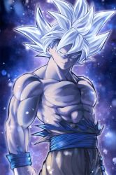 Rule 34 | 1boy, abs, arms at sides, aura, black background, blurry, bokeh, bruise, dark background, depth of field, dougi, dragon ball, dragon ball super, expressionless, floating hair, frown, gradient background, grey eyes, highres, injury, light particles, looking away, male focus, manly, mattari illust, muscular, nipples, pectorals, purple background, serious, shaded face, shirt, simple background, son goku, spiked hair, topless male, torn clothes, torn shirt, twitter username, ultra instinct, upper body, white background, white hair