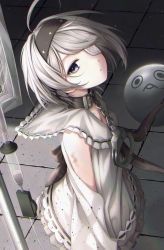 Rule 34 | 1girl, absurdres, ahoge, bare shoulders, black bow, black hairband, black ribbon, black survival, blue eyes, bow, chain, collar, commentary request, cuffs, cuffs-to-collar, detached sleeves, dress, expressionless, eyelashes, eyepatch, frilled dress, frills, grey dress, grey hair, hair ornament, hair ribbon, hairband, handcuffs, highres, indoors, intravenous drip, iv stand, long sleeves, looking at viewer, medical eyepatch, one eye covered, parted bangs, parted lips, pomeo dayo, ribbon, scar, short hair, sidelocks, sissela (black survival), solo, swept bangs, tile floor, tiles