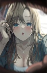 Rule 34 | 1girl, :o, blue eyes, blue nails, blush, breasts, cleavage, collarbone, earrings, gongha, highres, jewelry, large breasts, long hair, long sleeves, looking at viewer, nail polish, open mouth, original, shirt, solo