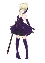 Rule 34 | 1girl, artoria pendragon (all), artoria pendragon (fate), bare shoulders, black dress, black gloves, black thighhighs, blonde hair, breasts, cleavage, dress, elbow gloves, excalibur morgan (fate), fate/grand order, fate/stay night, fate (series), full body, gloves, high heels, holding, holding sword, holding weapon, looking at viewer, lpip, saber (fate), saber alter, simple background, sleeveless, sleeveless dress, solo, sword, thighhighs, weapon, white background, yellow eyes