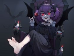 Rule 34 | 1girl, ahoge, black nails, black toenails, candle, commission, cup, dress, drinking glass, fangs, feet, female focus, foot worship, glowing, glowing eyes, gothic lolita, hair ornament, hairclip, highres, k-rha&#039;s, lolita fashion, looking at viewer, nail polish, open mouth, original, pointy ears, purple hair, red eyes, ribbon, rika roseingrave, smile, soles, solo, teeth, throne, toes, tongue, wine glass, wings