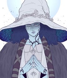 Rule 34 | 1girl, blue hair, blue skin, cloak, closed mouth, colored skin, cracked skin, dress, elden ring, flat chest, fur cloak, hat, highres, jewelry, looking at viewer, one eye closed, ranni the witch, ring, smile, solo, steepled fingers, white dress, white hat, yanobrk