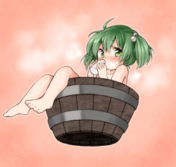 Rule 34 | 1girl, ahoge, barefoot, blush, bottle, bucket, child, drinking, feet, female focus, green eyes, green hair, hair bobbles, hair ornament, in bucket, in container, kisume, looking at viewer, matching hair/eyes, milk bottle, nanana (chicken union), nude, short hair, solo, toes, touhou, twintails