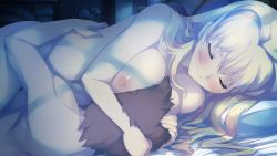 Rule 34 | 1boy, 1girl, bed, between breasts, blush, breast press, breast smother, breasts, brown hair, evenicle, closed eyes, face to breasts, game cg, hetero, large breasts, legs, long hair, lying, moonlight, navel, night, nipples, nude, on side, pillow, short hair, sleeping, thighs, yaegashi nan