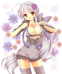 Rule 34 | 1girl, bra, breasts, cleavage, flower, garter straps, imo mushi, large breasts, lingerie, long hair, open clothes, open shirt, orange eyes, shirt, silver hair, skindentation, solo, tears, thighhighs, twintails, underwear, very long hair, vocaloid, wavy mouth, yowane haku