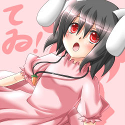 Rule 34 | 1girl, animal ears, black hair, rabbit ears, character name, dotera, female focus, hanazome dotera, inaba tewi, jewelry, pendant, red eyes, solo, touhou