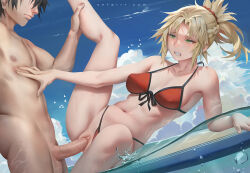 Rule 34 | 1boy, 1girl, bare shoulders, bikini, black hair, blonde hair, blue sky, blush, braid, breasts, cleavage, collarbone, commentary, day, english commentary, erection, fate/grand order, fate (series), french braid, fujimaru ritsuka (male), green eyes, grin, hair ornament, hair scrunchie, hetero, long hair, lying, medium breasts, mordred (fate), mordred (fate) (all), mordred (swimsuit rider) (fate), mordred (swimsuit rider) (first ascension) (fate), navel, nude, ocean, on side, outdoors, parted bangs, penis, ponytail, prydwen (fate), pussy, red bikini, scrunchie, sex, short hair, sidelocks, sky, smile, spread legs, surfboard, swimsuit, uncensored, unfairr, vaginal, variant set, water