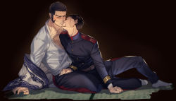 Rule 34 | 2boys, ainu clothes, beard, black hair, blue jacket, blue pants, blush, brown eyes, buttons, buzz cut, chest hair, collared jacket, facial hair, full body, goatee, golden kamuy, hairy, imperial japanese army, jacket, kiss, koooogasya, long sideburns, long sleeves, male focus, military, military uniform, multiple boys, muscular, muscular male, ogata hyakunosuke, open clothes, open shirt, pants, pectoral cleavage, pectorals, short hair, sideburns, simple background, sitting, smirk, socks, stubble, tanigaki genjirou, thick eyebrows, thick thighs, thighs, tight clothes, tight pants, uniform, very short hair, yaoi