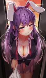 Rule 34 | 1girl, absurdres, animal ears, black jacket, blouse, blush, breasts, closed mouth, collar, collared shirt, hair between eyes, heart, heart-shaped pupils, highres, hira-san, jacket, long hair, long sleeves, medium breasts, necktie, open clothes, open shirt, pink skirt, purple hair, rabbit ears, red eyes, red necktie, reisen udongein inaba, shirt, skirt, solo, standing, symbol-shaped pupils, touhou, white shirt