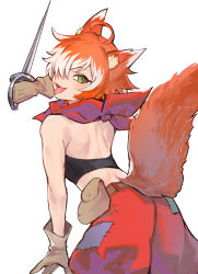 Rule 34 | 1girl, animal ear fluff, animal ears, back, belt pouch, cat ears, cat girl, cat tail, catxel xiii, dagger, dungeons &amp; dragons, gloves, highres, holostars, holostars english, isal (lasi), knife, looking back, neckerchief, open mouth, patchwork clothes, pouch, red neckerchief, short hair, simple background, solo, tail, weapon
