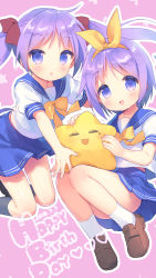 Rule 34 | 2girls, :d, ankle socks, black socks, blue sailor collar, blue skirt, blush, bow, brown footwear, dated, hair ribbon, happy birthday, head tilt, highres, hiiragi kagami, hiiragi tsukasa, holding, holding star, kneehighs, loafers, long hair, looking at viewer, lucky star, midriff peek, miniskirt, multiple girls, open mouth, parted lips, pink background, pleated skirt, puffy short sleeves, puffy sleeves, purple eyes, purple hair, red ribbon, ribbon, ryouou school uniform, sailor collar, school uniform, serafuku, shirt, shoes, short sleeves, siblings, sisters, skirt, smile, socks, star (symbol), twins, twintails, usashiro mani, white legwear, white shirt, yellow bow, yellow ribbon