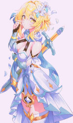 Rule 34 | 1girl, absurdres, arm under breasts, armor, armored dress, bare shoulders, blonde hair, breasts, cleavage, commentary, cowboy shot, detached sleeves, dress, elbow gauntlets, flower, frilled dress, frills, genshin impact, gold trim, hair flower, hair intakes, hair ornament, hand up, highres, indol, looking at viewer, lumine (genshin impact), medium breasts, revision, scarf, short hair with long locks, simple background, solo, sword, thighhighs, weapon, weapon on back, white background, white dress, white flower, white scarf, white thighhighs, yellow eyes