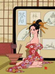 Rule 34 | 1girl, absurdres, ass, back, bare shoulders, barefoot, black eyes, black hair, brazier, breasts, eyeliner, eyeshadow, fine art parody, floral print, forehead, hair bun, hair in own mouth, hair ornament, hibachi (object), highres, inkan, japanese clothes, kimono, large breasts, looking at viewer, makeup, nihonga, obi, off shoulder, original, parody, parted lips, red eyeshadow, red lips, sash, sei5osuzuki, seiza, single hair bun, sitting, solo, tatami, teapot