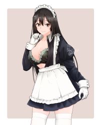 Rule 34 | 1girl, apron, arm up, black bra, bra, breasts, brown eyes, center opening, chikuma (kancolle), cleavage, collarbone, gloves, hair between eyes, highres, kantai collection, large breasts, long hair, long sleeves, looking at viewer, maid, maid apron, maid headdress, mochizou, open clothes, open shirt, smile, standing, thighhighs, two-tone background, underwear, white gloves, white thighhighs