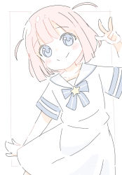 Rule 34 | 1girl, blue bow, blue eyes, blush stickers, bocchi the rock!, bow, closed mouth, commentary request, dress, gotoh futari, hand up, head tilt, looking at viewer, okota mikan, pink hair, sailor collar, sailor dress, short sleeves, simple background, smile, solo, star (symbol), striped, striped bow, two side up, w, white background, white dress, white sailor collar