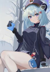 Rule 34 | 1girl, animal ears, bad id, bad pixiv id, black gloves, black hat, blue archive, blue hair, gloves, hair ornament, hairclip, halo, hat, highres, holding, long sleeves, looking at viewer, military, military uniform, outdoors, pipipipyu, purple eyes, shigure (blue archive), short hair, sitting, smile, snow, thighs, uniform