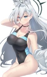 Rule 34 | 1girl, absurdres, animal ear fluff, animal ears, black choker, black one-piece swimsuit, blue archive, blue eyes, breasts, choker, collared shirt, competition swimsuit, covered navel, cross hair ornament, dress shirt, extra ears, grey hair, hair ornament, halo, highres, large breasts, long hair, looking at viewer, low ponytail, mismatched pupils, multicolored clothes, multicolored swimsuit, one-piece swimsuit, open clothes, open shirt, shiroko (blue archive), shiroko (swimsuit) (blue archive), shiroko terror (blue archive), shirt, sitting, solo, swimsuit, white background, white shirt, wolf ears, yahan (mctr5253)