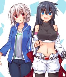 Rule 34 | 2girls, :o, adyisu, albino, altair floone, area aquamarine, arm behind back, belt, black hair, black legwear, blue eyes, blue jacket, blush, breasts, commentary request, cowboy shot, crop top, denim, detached sleeves, embarrassed, groin, hair between eyes, hair flaps, hood, hood down, hooded jacket, jacket, jeans, large breasts, long hair, looking at another, looking at viewer, mechanical arms, medium breasts, midriff, multiple girls, navel, open mouth, original, pants, pantyhose, red eyes, short hair, shorts, side-by-side, single mechanical arm, sweatdrop, turtleneck, twitter username, white hair, white shorts