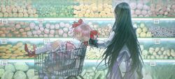 Rule 34 | 2girls, akemi homura, apple, banana, black hair, bow, bubble skirt, cabbage, chinese commentary, closed eyes, commentary request, dress, facing away, facing viewer, food, frilled skirt, frilled sleeves, frills, from side, fruit, gloves, hair bow, high heels, in shopping cart, indoors, kaname madoka, long hair, long sleeves, magical girl, mahou shoujo madoka magica, mahou shoujo madoka magica (anime), multiple girls, pear, pink dress, puffy short sleeves, puffy sleeves, purple skirt, reclining, red footwear, shop, shopping cart, short hair, short sleeves, short twintails, shuanglang xi limi, skirt, standing, twintails, vegetable, white gloves, white skirt