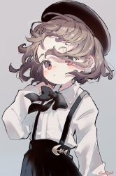 Rule 34 | 1girl, artist name, beret, black bow, black hat, black skirt, blush, bow, brown eyes, brown hair, closed mouth, collared shirt, ear piercing, forehead, grey background, hand up, hat, hatoba tsugu, highres, long sleeves, looking at viewer, mole, mole under eye, piercing, pleated skirt, sha2mo, shirt, signature, simple background, skirt, solo, suspender skirt, suspenders, tsugu (vtuber), virtual youtuber, white shirt