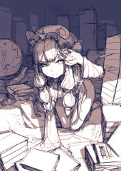 Rule 34 | 1girl, all fours, book, crescent, crescent hair ornament, globe, hair ornament, hair ribbon, hat, junwool, long hair, looking at viewer, messy room, monochrome, patchouli knowledge, ribbon, shading eyes, sketch, solo, touhou