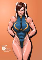Rule 34 | 1girl, abs, absurdres, adapted costume, arms behind back, bracelet, breasts, brown eyes, brown hair, bun cover, character name, chun-li, dated, double bun, highres, jewelry, large breasts, leotard, lips, navel, nose, short hair, skin tight, solo, standing, street fighter, thigh gap, thong leotard, toned, yakusoku no hi