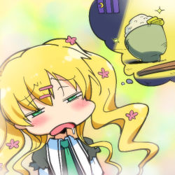 Rule 34 | 10s, 1girl, bars, blonde hair, blush, chibi, chopsticks, cordelia glauca, flower, hair flower, hair ornament, hairu, hungry, imagining, long hair, lowres, moon, open mouth, prison cell, rice, saliva, solo, sparkle, tantei opera milky holmes