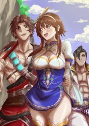 Rule 34 | 1girl, 2boys, absurdres, breasts, brown eyes, brown hair, chai xianghua, cleavage, detached sleeves, highres, kilik (soulcalibur), maxi (soulcalibur), multiple boys, namco, open mouth, smile, soul calibur, soulcalibur, soulcalibur vi, thighhighs