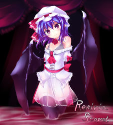 Rule 34 | 1girl, alternate costume, bad id, bad pixiv id, bare shoulders, character name, choker, demon wings, english text, engrish text, female focus, gisyo, head tilt, pointy ears, ranguage, remilia scarlet, see-through, smile, solo, thighhighs, touhou, wings