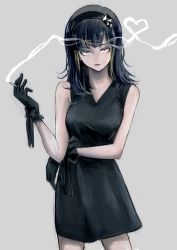 Rule 34 | 1girl, absurdres, black dress, black gloves, black hair, blonde hair, breasts, brown eyes, cigarette, dress, gloves, grey background, hairband, heart, highres, holding, holding cigarette, long hair, looking at viewer, medium breasts, mole, mole on neck, mole under eye, multicolored hair, original, simple background, smoking, standing, streaked hair, to yo tutan, tsurime, two-tone hair
