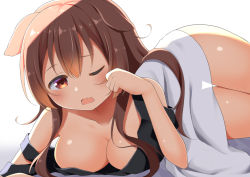 Rule 34 | 1girl, animal ears, blush, breasts, cleavage, dog ears, dog girl, fang, hair between eyes, hololive, inugami korone, long hair, looking at viewer, lying, nero (starlightbrakerexfb), on stomach, one eye closed, open mouth, shirt, simple background, skin fang, sleepy, solo, virtual youtuber, waking up, white background