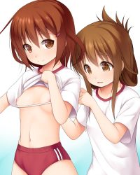 Rule 34 | 10s, 2girls, breasts, brown eyes, brown hair, bust measuring, folded ponytail, gym uniform, haryuu (poetto), highres, ikazuchi (kancolle), inazuma (kancolle), kantai collection, measuring, midriff, multiple girls, navel, no bra, short hair, small breasts