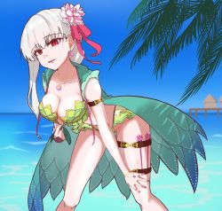 Rule 34 | 1girl, armlet, bare shoulders, beach, bikini, blue sky, blush, bracelet, braid, braided ponytail, breasts, cleavage, collarbone, earrings, fate/grand order, fate (series), flower, frills, fukuyou (s7324678123), green bikini, green vest, hair flower, hair ornament, hair ribbon, hood, hooded vest, hoodie, jewelry, kama (fate), kama (swimsuit avenger) (fate), kama (swimsuit avenger) (second ascension) (fate), large breasts, leaning forward, long hair, looking at viewer, lotus, nail polish, necklace, ocean, open mouth, palm leaf, pendant, red eyes, ribbon, silver hair, sky, smile, solo, swimsuit, thigh strap, thighs, vest
