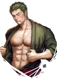 Rule 34 | 1boy, abs, artist name, bara, earrings, green hair, green kimono, greenteaa, highres, japanese clothes, jewelry, kimono, large pectorals, looking at viewer, male focus, muscular, muscular male, navel, navel hair, nipples, one eye closed, one piece, open clothes, open kimono, pectorals, roronoa zoro, scar, scar across eye, scar on chest, scar on face, short hair, sideburns, solo, sweat, upper body