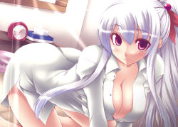 Rule 34 | 1girl, all fours, alternate hairstyle, bottomless, breasts, cleavage, clock, female focus, hair bobbles, hair ornament, kamishirasawa keine, large breasts, light purple hair, long hair, oohira sansetto, oohira sunset, open clothes, open shirt, ponytail, red eyes, shirt, silver hair, smile, solo, touhou, white shirt