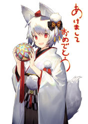 Rule 34 | 1girl, absurdres, animal ears, ball, black bow, bow, commentary, hair bow, happy new year, hat, highres, holding, holding ball, inubashiri momiji, japanese clothes, kimono, kitada mo, long sleeves, looking at viewer, new year, open mouth, pom pom (clothes), red eyes, short hair, simple background, smile, solo, tail, tokin hat, touhou, translated, white background, white hair, white kimono, wide sleeves, wolf ears, wolf tail