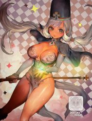 Rule 34 | 1girl, breasts, brown eyes, capelet, copyright name, dark-skinned female, dark skin, destiny child, detached sleeves, dutch angle, hat, large breasts, long hair, low twintails, maat (destiny child), parted lips, pelvic curtain, revealing clothes, shiny skin, silver hair, skindentation, solo, sweat, twintails, very long hair, voruvoru