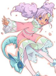 Rule 34 | 1girl, :d, big hair, creature, dark skin, dress, duke (inu daimyou), forehead jewel, light purple hair, looking at viewer, meredy (tales), open mouth, outstretched arms, pantyhose, pink dress, pink eyes, pink hair, pink pantyhose, purple eyes, quickie (tales), sidelocks, simple background, smile, spread arms, tales of (series), tales of eternia, teeth, twintails, white background, wide sleeves