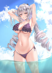 Rule 34 | 1girl, absurdres, adjusting hair, alternate costume, armpits, arms up, bare shoulders, bikini, blush, breasts, bronya zaychik, bronya zaychik (silverwing: n-ex), cloud, cloudy sky, commentary request, cowboy shot, day, drill hair, frilled bikini, frills, front-tie bikini top, front-tie top, grey eyes, grey hair, hair between eyes, highres, honkai (series), honkai impact 3rd, large breasts, long hair, looking at viewer, match (scp115), navel, outdoors, parted lips, presenting armpit, purple bikini, side-tie bikini bottom, sky, solo, standing, stomach, swimsuit, twin drills, underboob, wading, water
