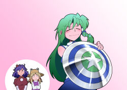 Rule 34 | 3girls, absurdres, autumn leaves, blonde hair, blue skirt, breasts, captain america, closed eyes, closed mouth, collared shirt, commentary request, flat chest, green hair, hair ornament, hair ribbon, hands in opposite sleeves, hat, highres, holding, holding shield, kduf, kochiya sanae, large breasts, layered sleeves, leaf hair ornament, long hair, long sleeves, looking at another, marvel, medium hair, mirror, moriya suwako, multiple girls, o o, open mouth, parted bangs, puffy short sleeves, puffy sleeves, purple hair, purple vest, red eyes, red ribbon, red shirt, ribbon, shield, shirt, short over long sleeves, short sleeves, single hair tube, single sidelock, skirt, sleeveless, sleeveless shirt, smile, snake hair ornament, touhou, upper body, vest, white shirt, yasaka kanako