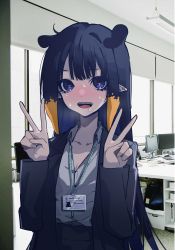 Rule 34 | 1girl, :d, absurdres, animal ears, blush, double v, heart, heart-shaped pupils, highres, hololive, hololive english, id card, long hair, looking at viewer, mentally deficient, mole, mole under eye, monitor, ninomae ina&#039;nis, office, office lady, open mouth, pointy ears, purple eyes, purple hair, smile, solo, sweat, symbol-shaped pupils, teeth, tentacle hair, v, virtual youtuber