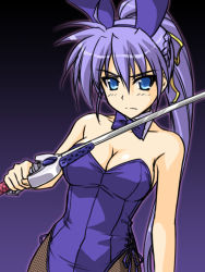Rule 34 | 00s, 1girl, alternate color, alternate hair color, animal ears, blue eyes, blue hair, breasts, cleavage, fake animal ears, fishnet pantyhose, fishnets, laevatein (nanoha), large breasts, leotard, long hair, lyrical nanoha, mahou shoujo lyrical nanoha, mahou shoujo lyrical nanoha strikers, masakichi (crossroad), matching hair/eyes, pantyhose, playboy bunny, ponytail, rabbit ears, signum, solo, sword, unison (nanoha), weapon
