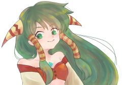 Rule 34 | 1girl, bare shoulders, breasts, closed mouth, feena (grandia), grandia, grandia i, green eyes, green hair, hair ornament, hair tubes, jewelry, korunosabu, long hair, looking at viewer, midriff, necklace, simple background, small breasts, smile, solo, white background