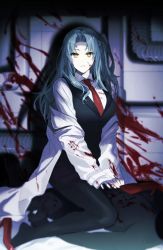 Rule 34 | 1girl, angela (project moon), ap5ry, black vest, blood, blood on chest, blood on wall, blue hair, breasts, high heels, highres, large breasts, lobotomy corporation, long hair, long sleeves, necktie, pantyhose, project moon, red footwear, red necktie, shirt, vest, white shirt, yellow eyes
