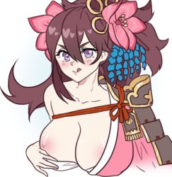 Rule 34 | 1girl, bare shoulders, blush, breasts, breasts out, brown hair, cygames, dragalia lost, highres, large breasts, long hair, looking at viewer, nintendo, nipples, purple eyes, smile, solo, tongue, tongue out, upper body, yachiyo (dragalia lost)