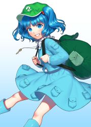 Rule 34 | 1girl, backpack, bag, blue eyes, blue footwear, blue hair, blue shirt, blue skirt, blunt bangs, blush, boots, cabbie hat, cherry hair ornament, eyelashes, food-themed hair ornament, gradient background, green bag, green hat, grin, hair ornament, hat, highres, kageharu, kawashiro nitori, long sleeves, looking at viewer, rubber boots, shirt, short hair, simple background, skirt, smile, solo, thighs, touhou, twintails