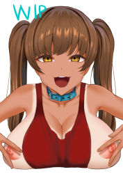 Rule 34 | 1girl, :d, animal collar, belt collar, breast rest, breasts, breasts out, brown hair, camisole, cleavage, collar, danchino, highres, large breasts, long hair, looking at viewer, nipples, open mouth, original, red camisole, simple background, smile, solo, twintails, unfinished, white background, yellow eyes