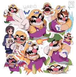 Rule 34 | 1boy, 1girl, adeleine, bendedede, beret, black hair, brown hair, burning, cleft chin, facial hair, fire, gloves, green footwear, grin, hat, highres, kirby (series), multiple views, mustache, nintendo, open mouth, overalls, pointy ears, purple overalls, shirt, smile, tiny wario, vampire, wario, wario land, white gloves, yellow hat, yellow shirt