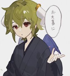 Rule 34 | 1boy, black kimono, end roll, film grain, gelato1014, green hair, hair between eyes, hand up, horns, japanese clothes, kantera (end roll), kimono, male focus, no sclera, parted lips, red eyes, short hair, simple background, solo, speech bubble, translation request, upper body, white background, white horns, wide sleeves